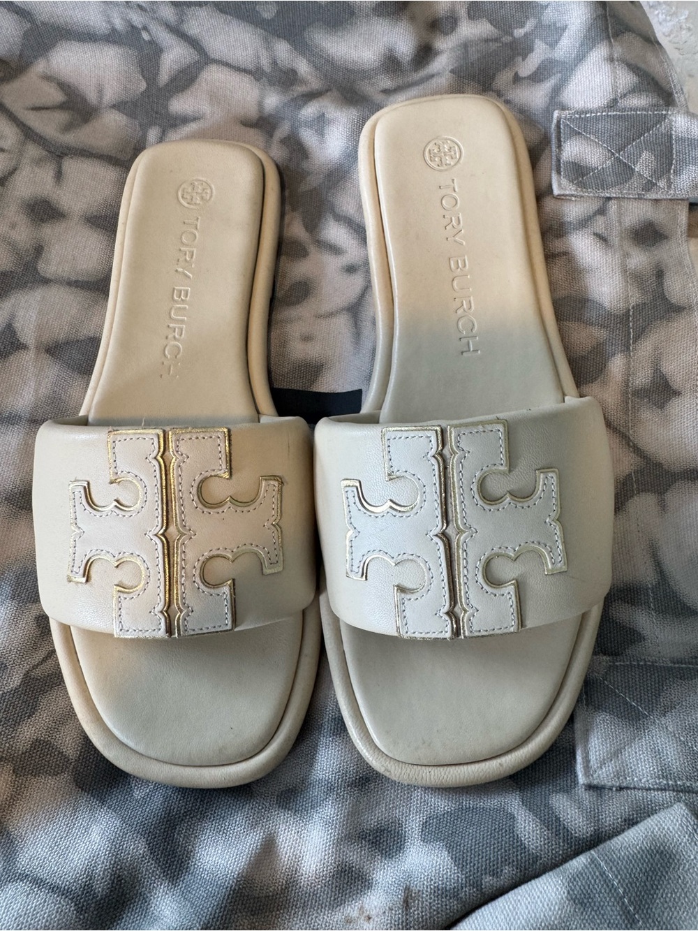 Tory Burch Cream Leather Logo Slide Sandals